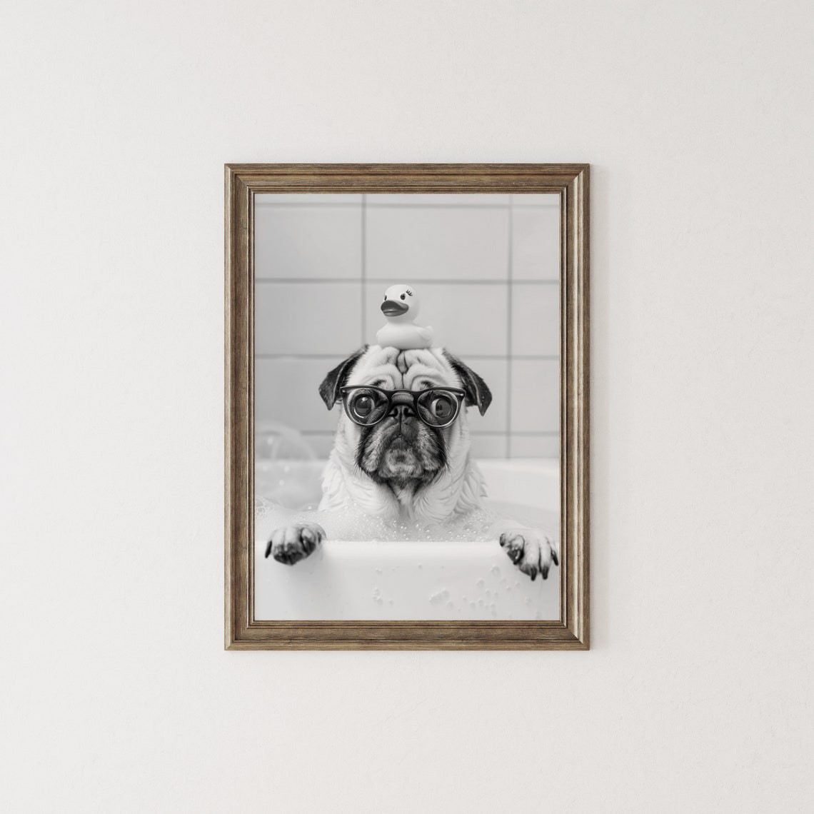 Pug Bubble Bath With Rubber Duck Glasses Funny Dog Spa Wall Art - Image 2