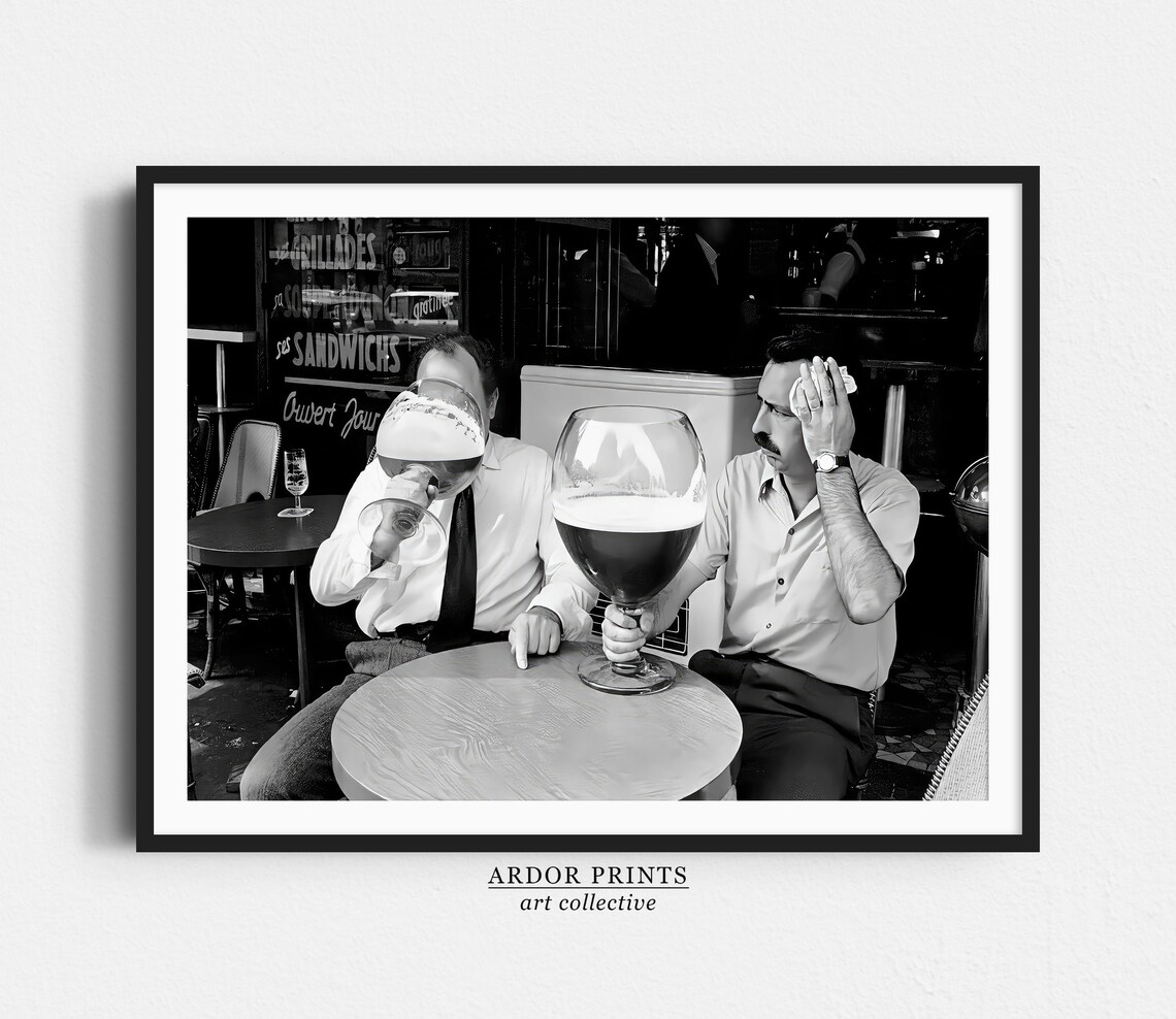 Men Drinking Beer From Oversized Glasses, Vintage Poster