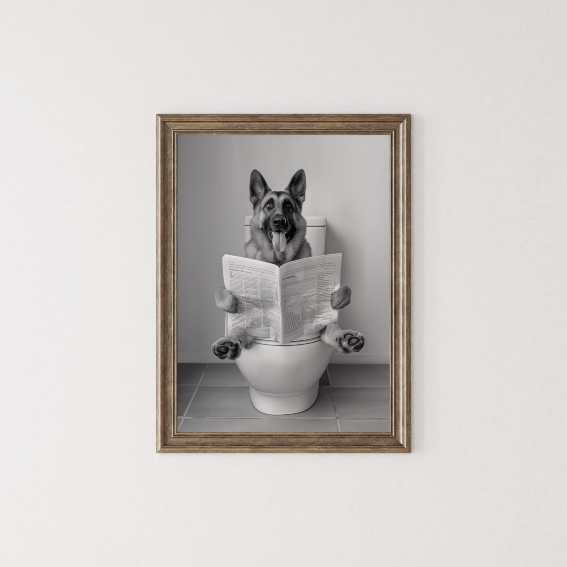 German Shepherd Reading Newspaper Sitting on Toilet Funny Poster - Image 2