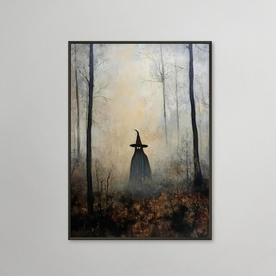 Vintage Halloween Witch Art Moody Victorian Painting Black Frame