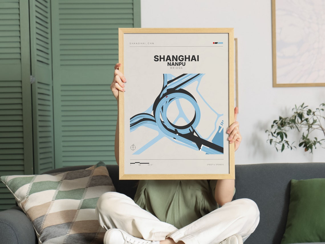 Shanghai Nanpu Bridge Minimalist China Infrastructure Map Poster - Image 2