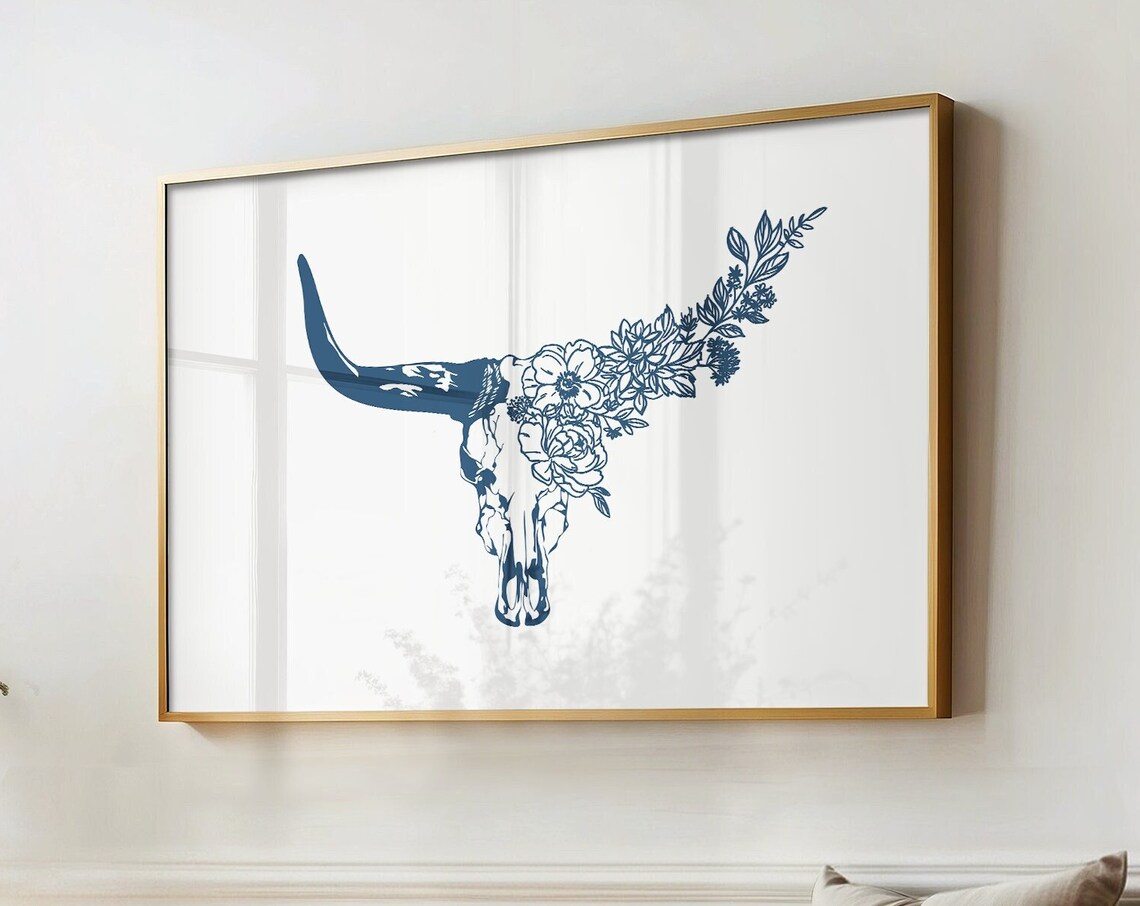 Western Steer Skull Floral Horn Blue Line Art Cowboy Wall Poster