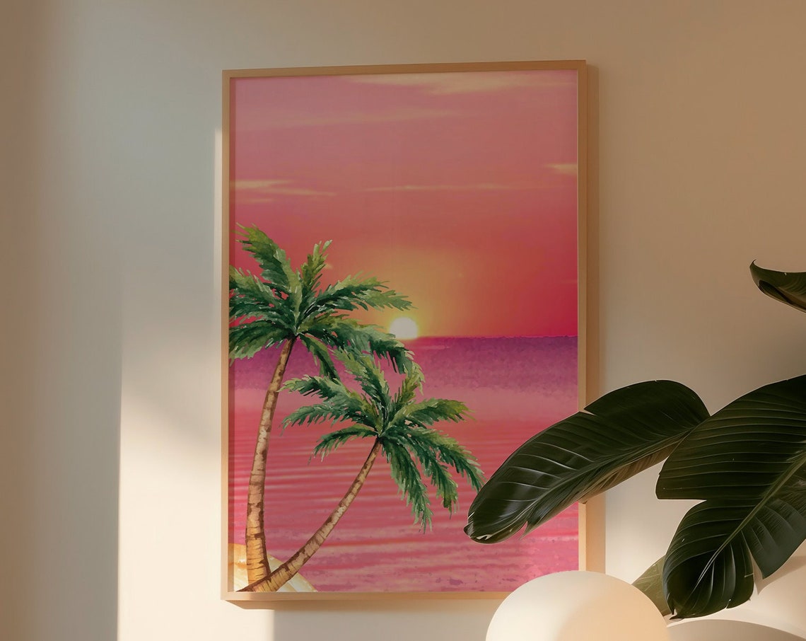 Retro 80s Pink Sunset Palm Trees Tropical Beach Ocean Neon Poster