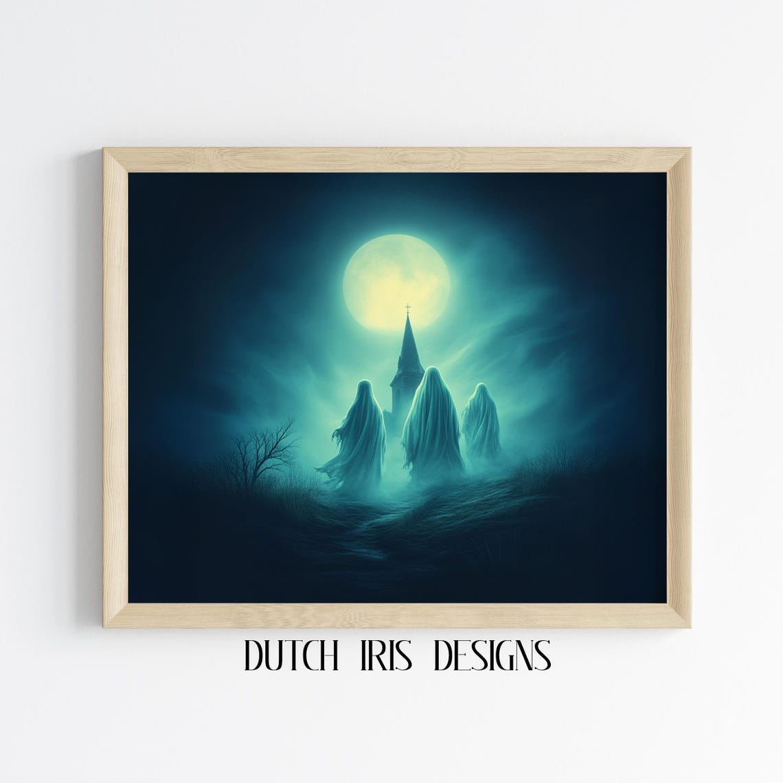 Three Ghostly Spirits Before a Church Steeple Under Green Moon Poster