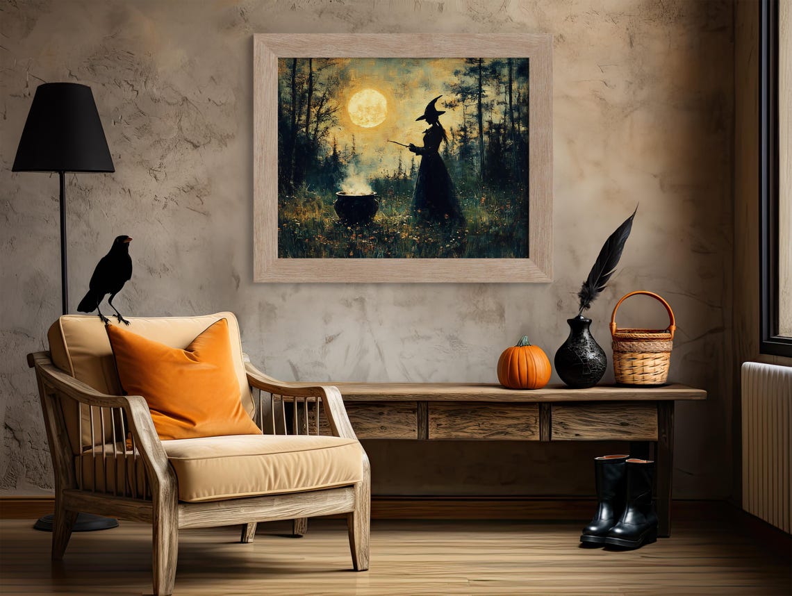 Witch Silhouette With Cauldron Under Full Moon Night Forest Art Poster - Image 4