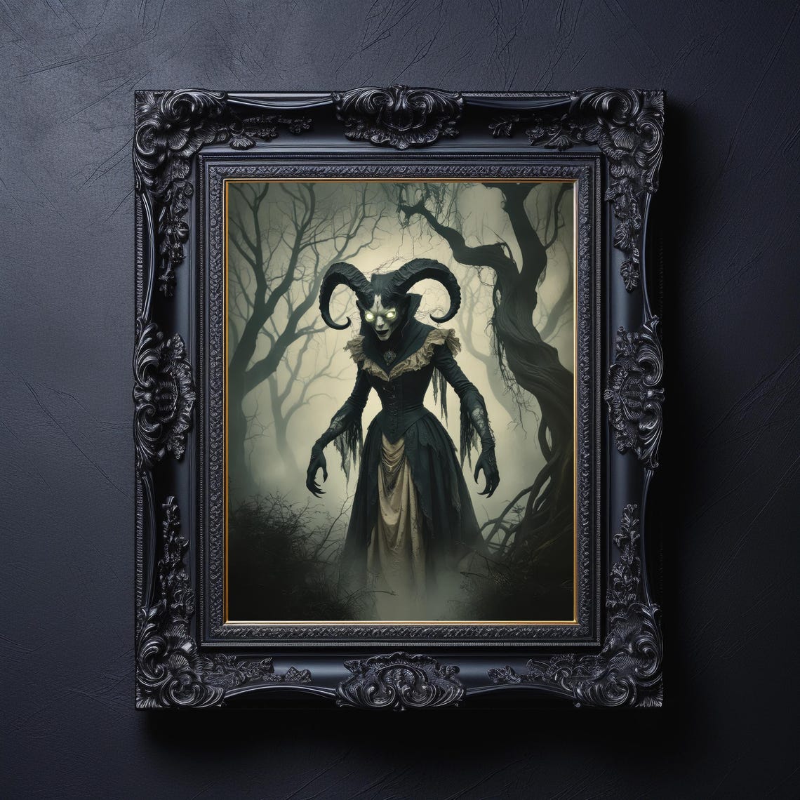 Horned Demon Woman In Misty Forest Dark Fantasy Halloween Poster - Image 4