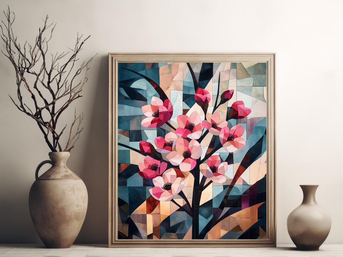 Cubist Cherry Blossom Branches Geometric Pink Floral Painting Poster - Image 3
