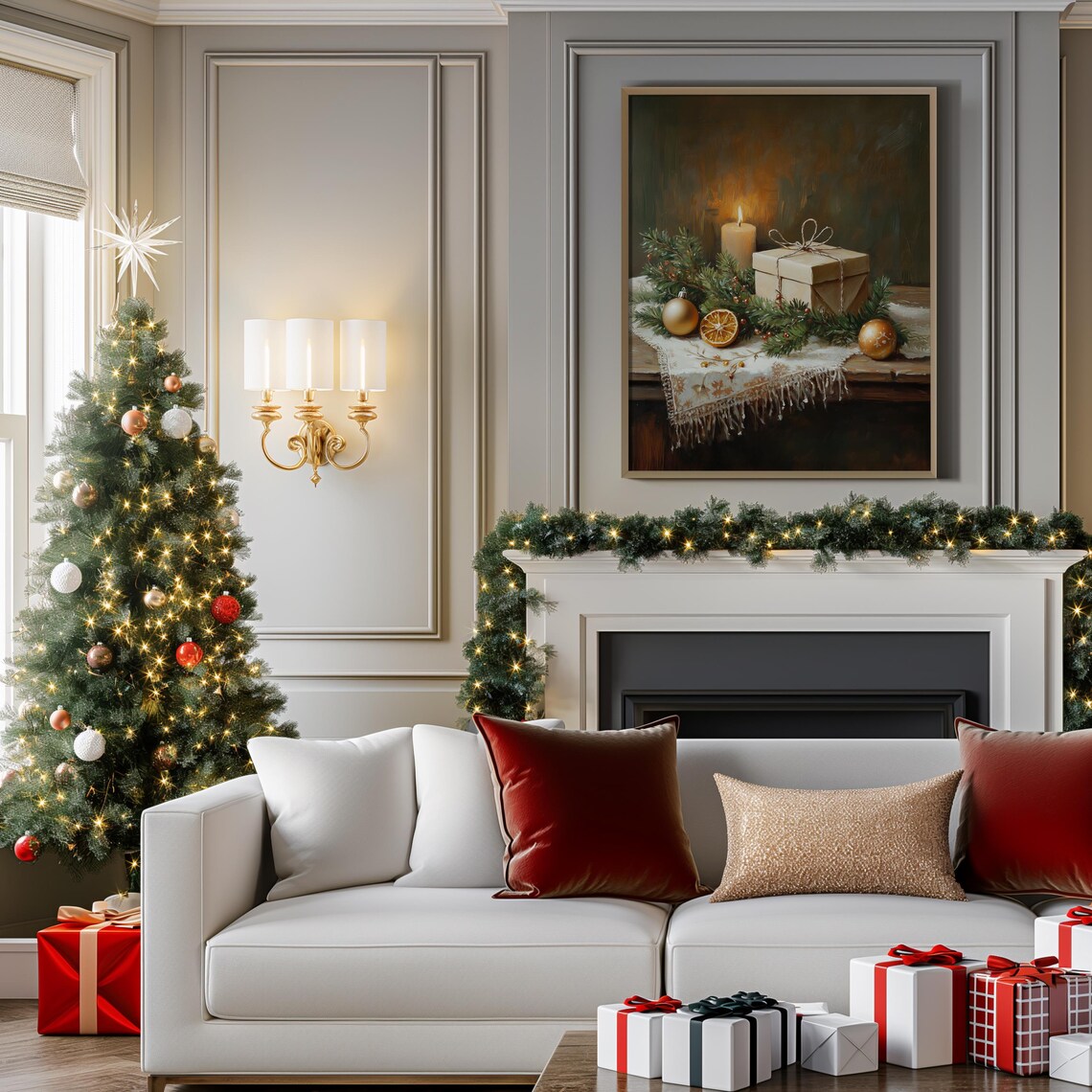 Christmas Candle and Gift Rustic Holiday Still Life Painting Poster - Image 4