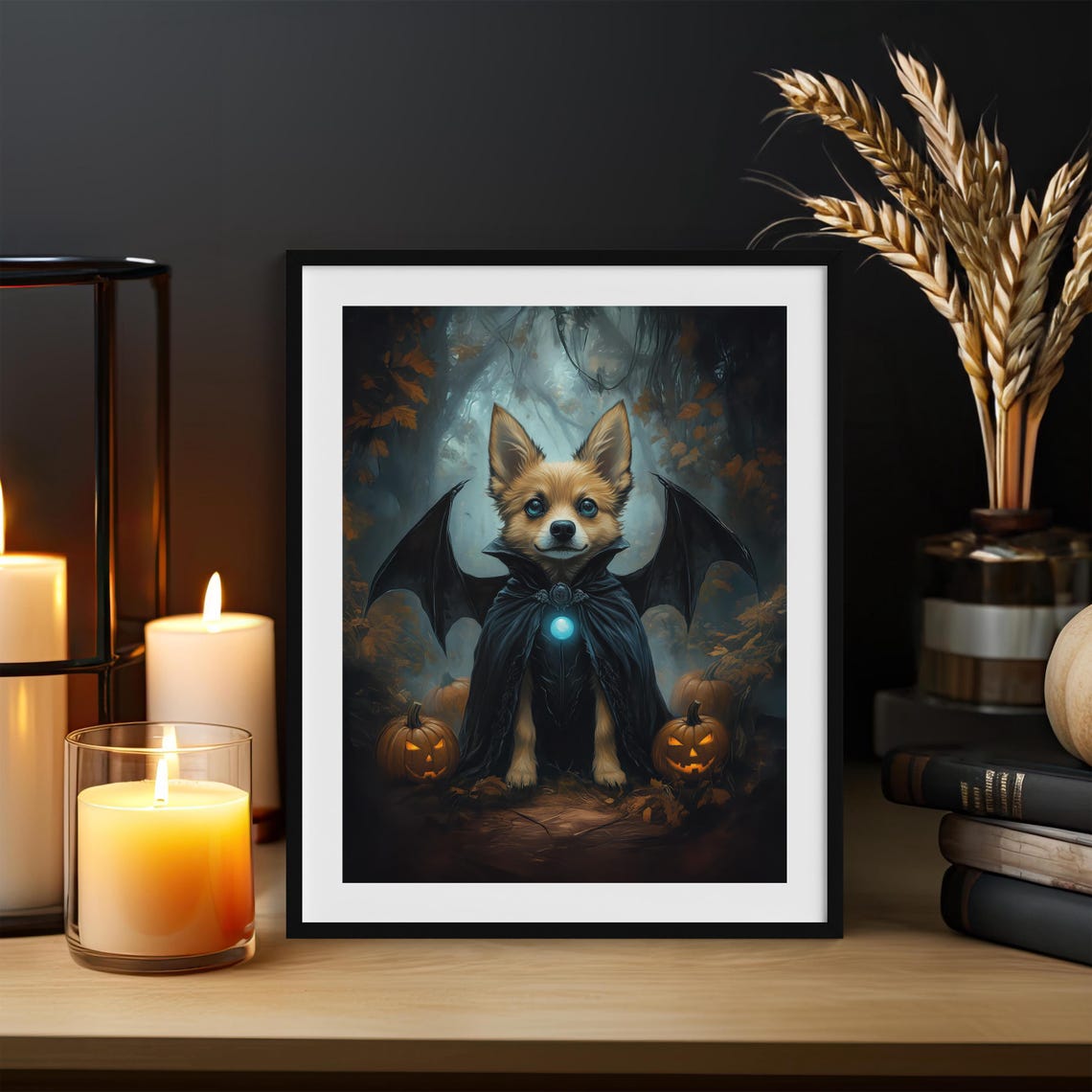 Bat Winged Halloween Dog Pumpkins Anime Spooky Fall Art Poster - Image 3