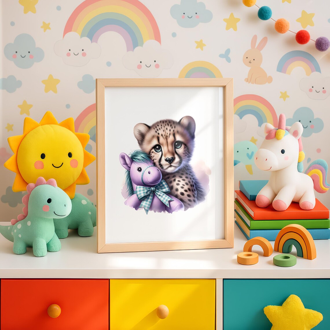 Baby Cheetah With Purple Toy Horse Adorable Nursery Safari Poster - Image 4