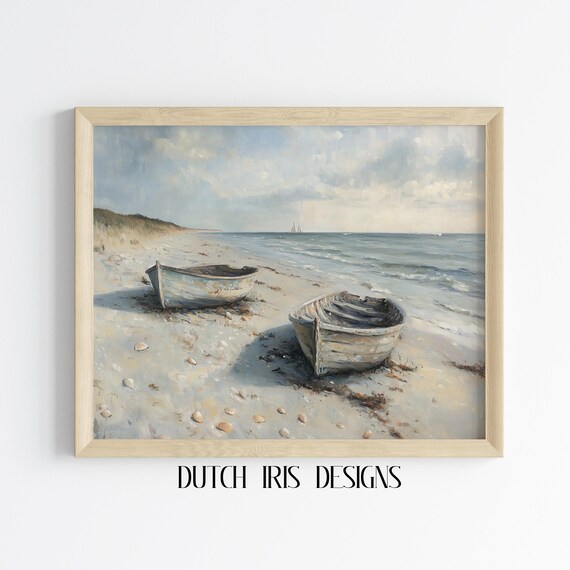 Coastal Beach Scene Weathered Boats Vintage Nautical Decor Poster