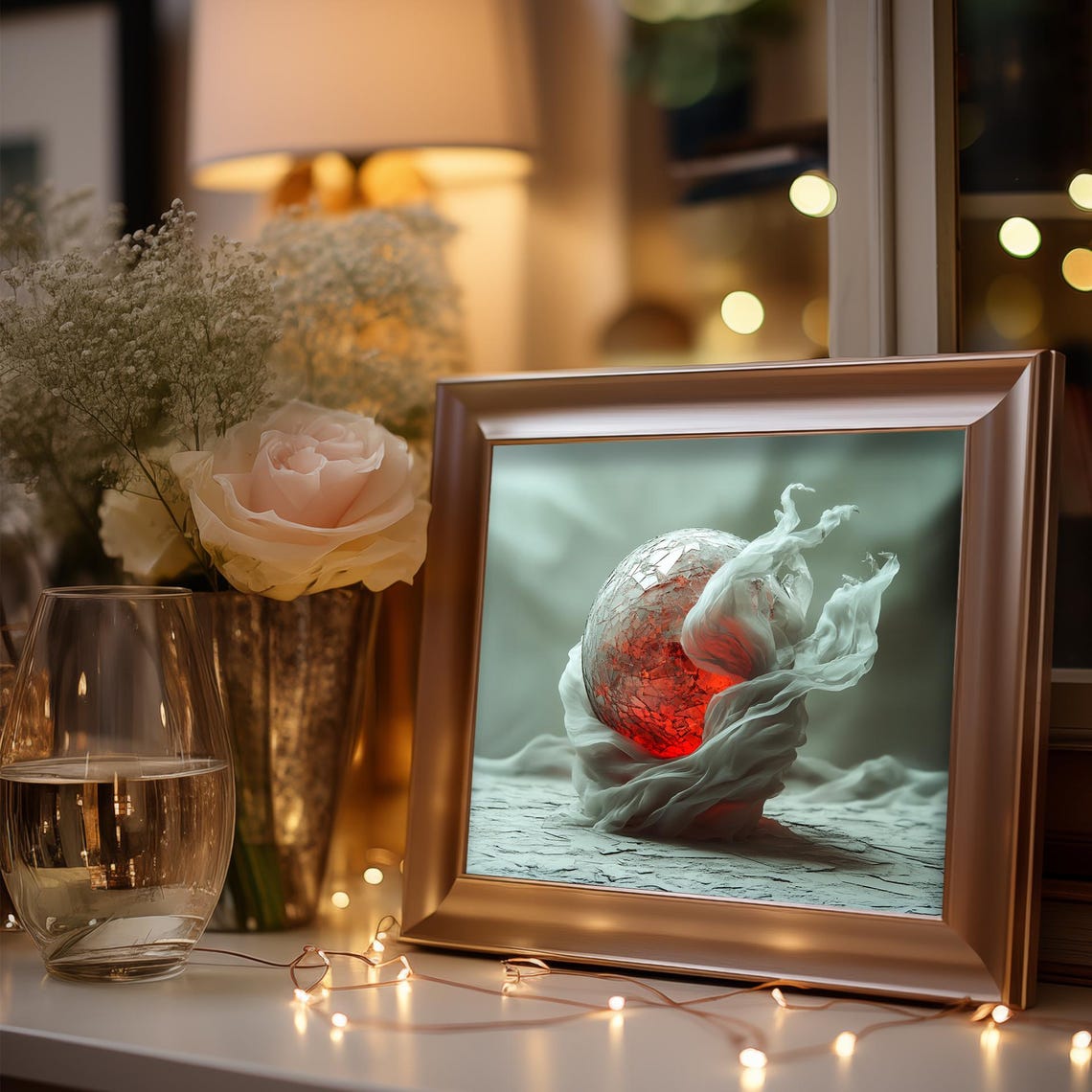 Glowing Cracked Glass Orb Wrapped In White Silk Abstract Art Poster - Image 3