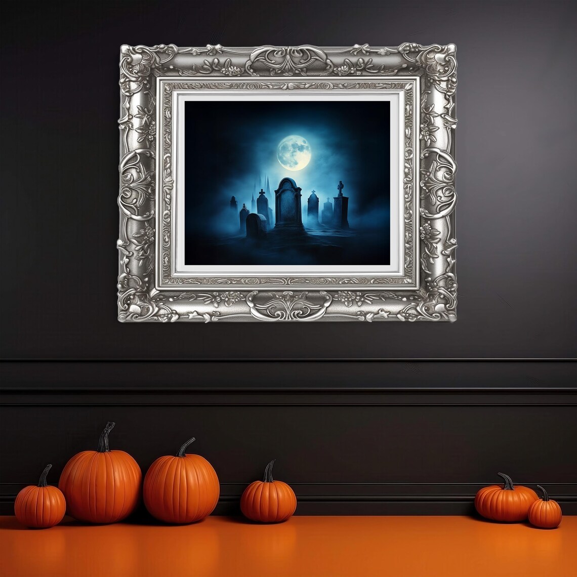 Haunted Graveyard Tombstones Under a Bright Blue Full Moon Night Poster - Image 3