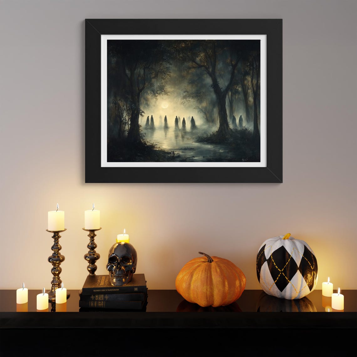 Hooded Ghost Figures Gathering In Moonlit Misty Forest Swamp Poster - Image 3