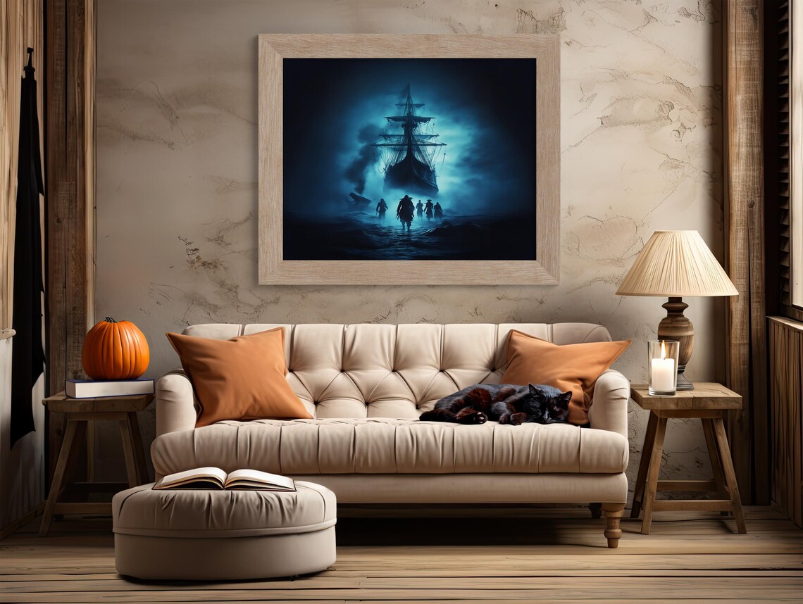 Ghost Pirate Ship on a Foggy Moonlit Sea with Pirate Silhouettes Poster - Image 2
