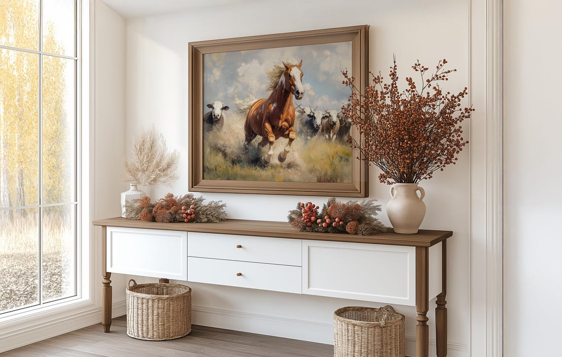 Chestnut Horse Galloping Beside Cattle Western Ranch Action Poster - Image 3