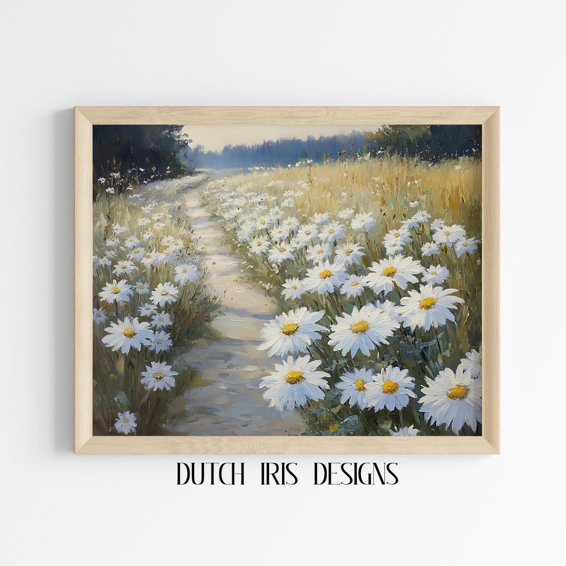 Sunlit Country Path Lined With White Daisies Pastoral Oil Art Poster