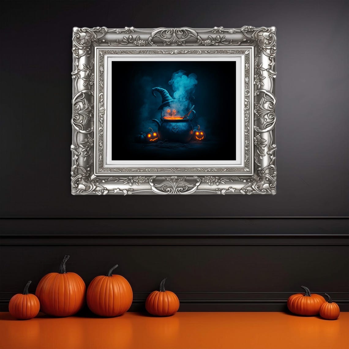 Witch Hat Bubbling Cauldron Potion with Glowing Jack-o-Lanterns Poster - Image 3