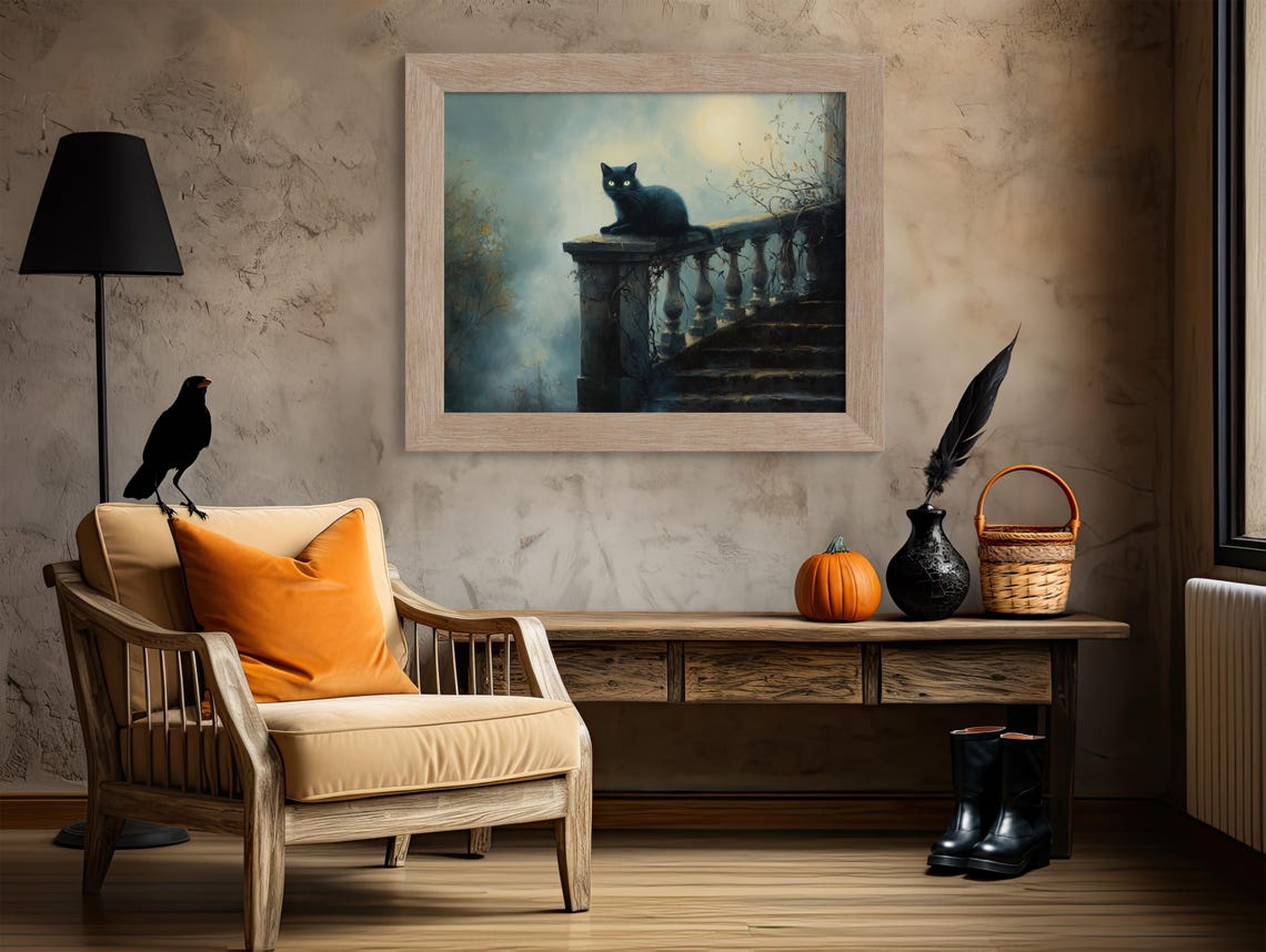 Black Cat On Stone Staircase Under Full Moonlight Gothic Poster - Image 4