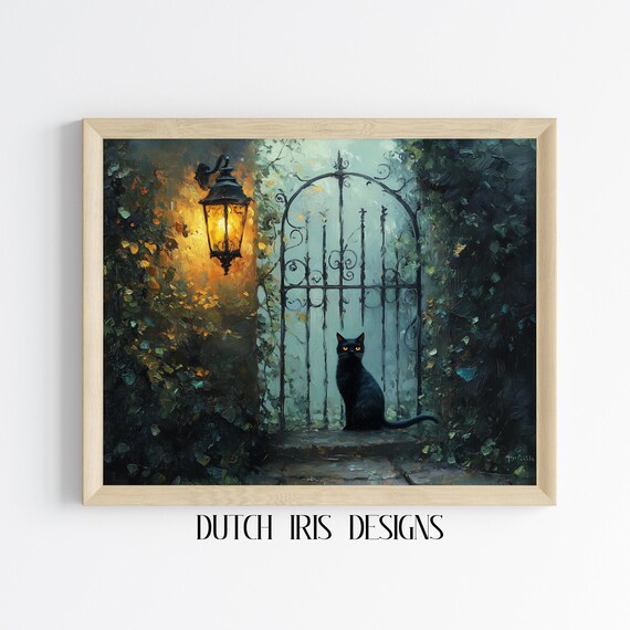 Black Cat By Iron Garden Gate Under Glowing Lantern Night Poster