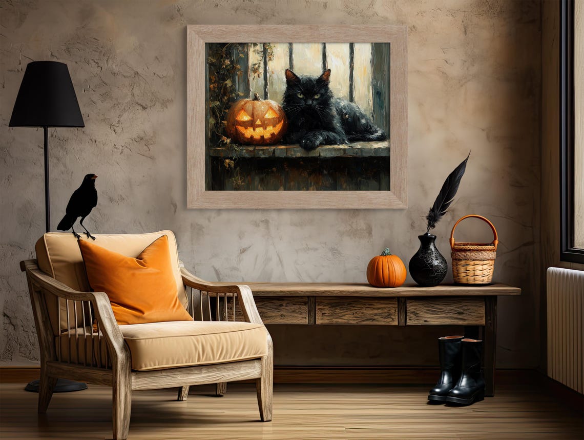 Black Cat Resting Beside Glowing Jack O Lantern Halloween Poster - Image 4