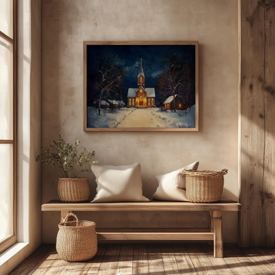 Snow Covered Church Glowing Warm at Night in a Winter Forest Poster - Image 4