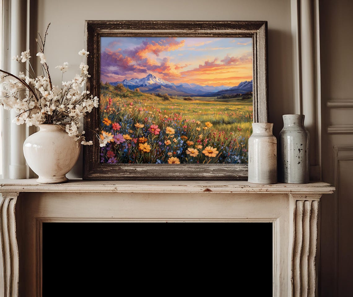 Wildflower Meadow At Sunrise With Snow Capped Mountain Peaks Poster - Image 4