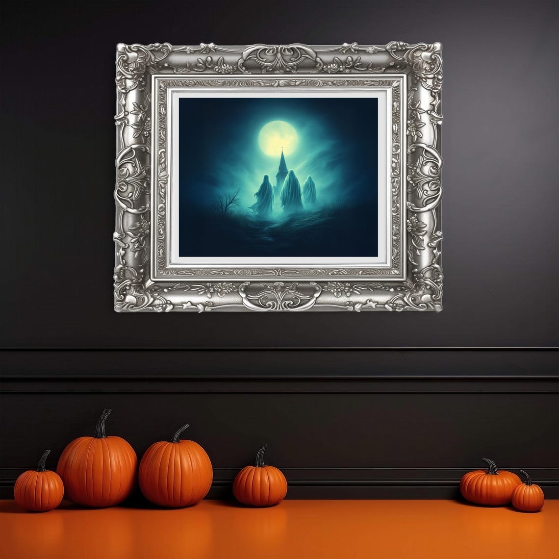 Three Ghostly Spirits Before a Church Steeple Under Green Moon Poster - Image 3