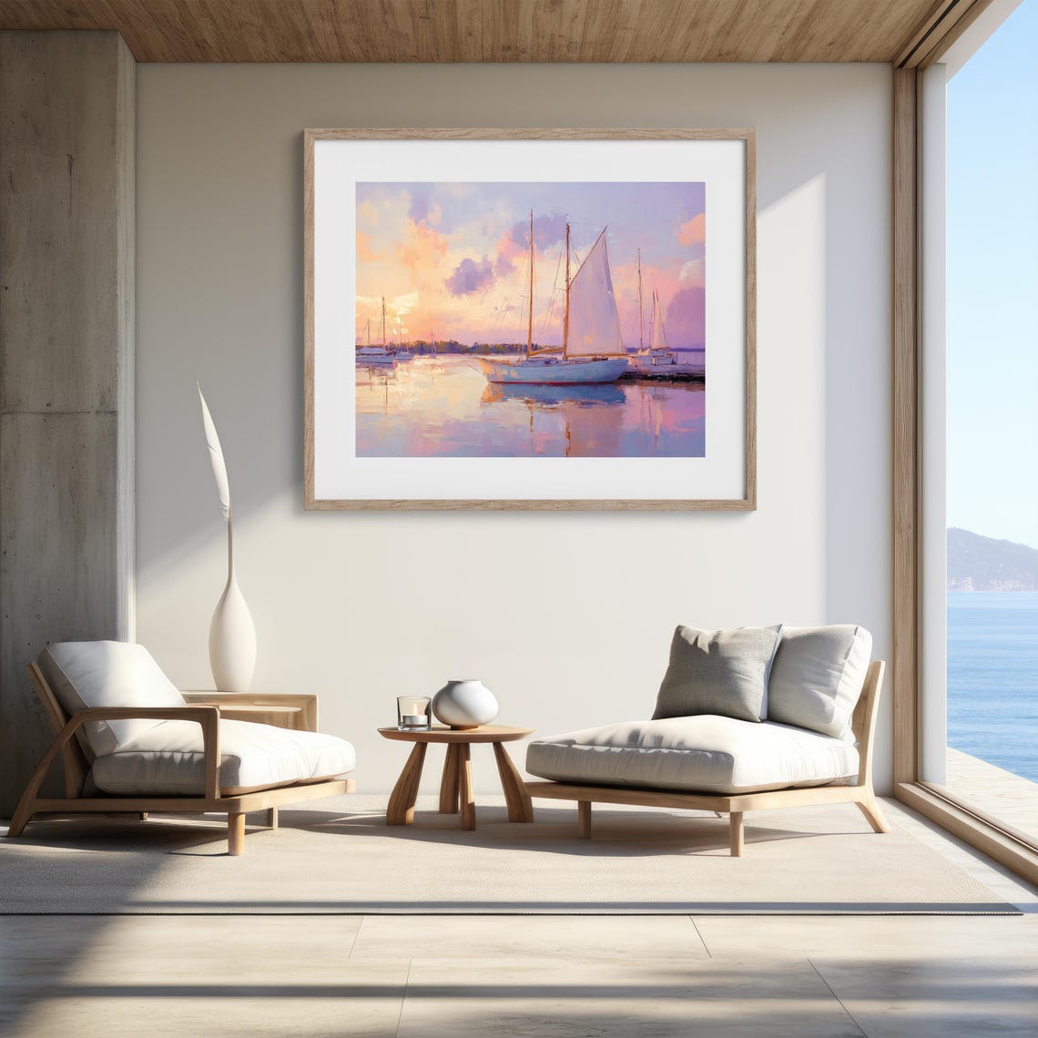 Sailboats At Pastel Sunset Calm Harbor Impressionist Seascape Poster - Image 2