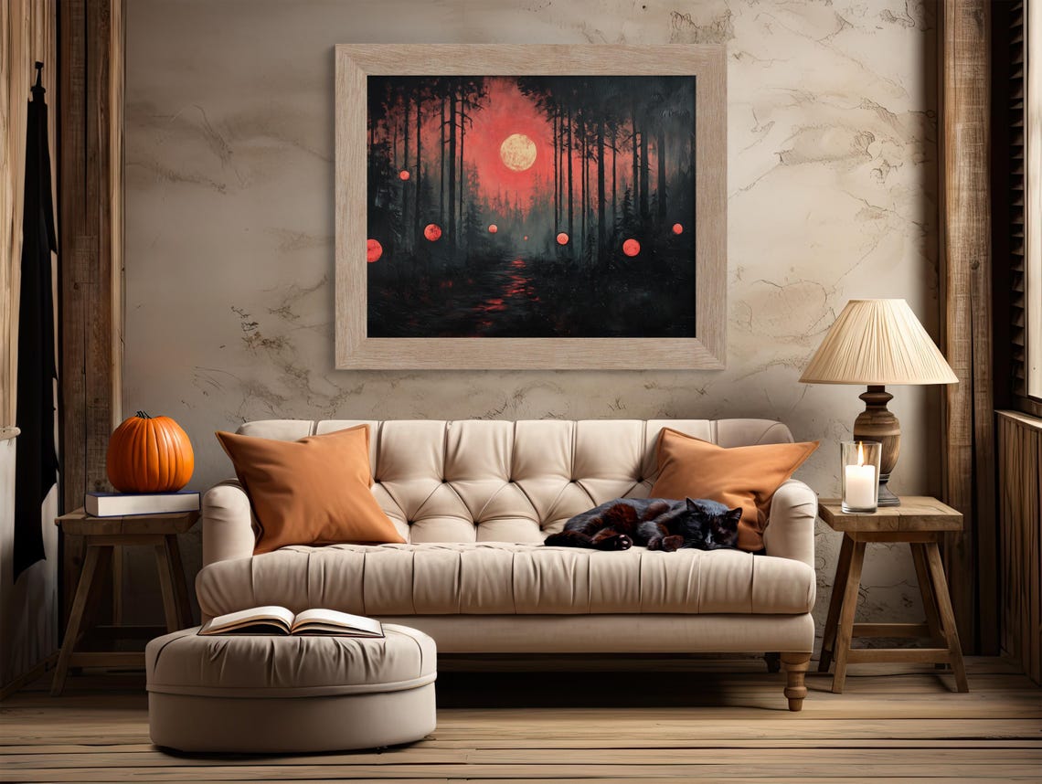 Mystic Forest with Glowing Red Orbs Under a Blood Red Full Moon Poster - Image 2