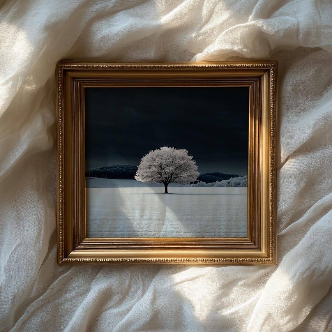 Lone Tree In Snowy Field Under Dark Sky Winter Minimalist Poster - Image 2