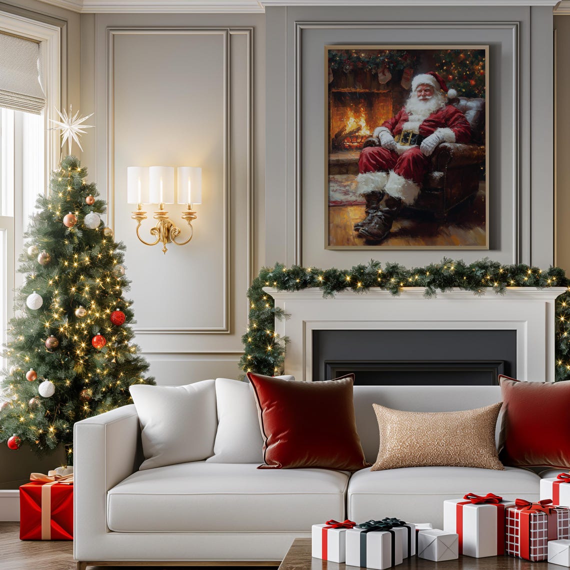 Santa Claus by Fireplace Vintage Christmas Holiday Painting Poster - Image 4