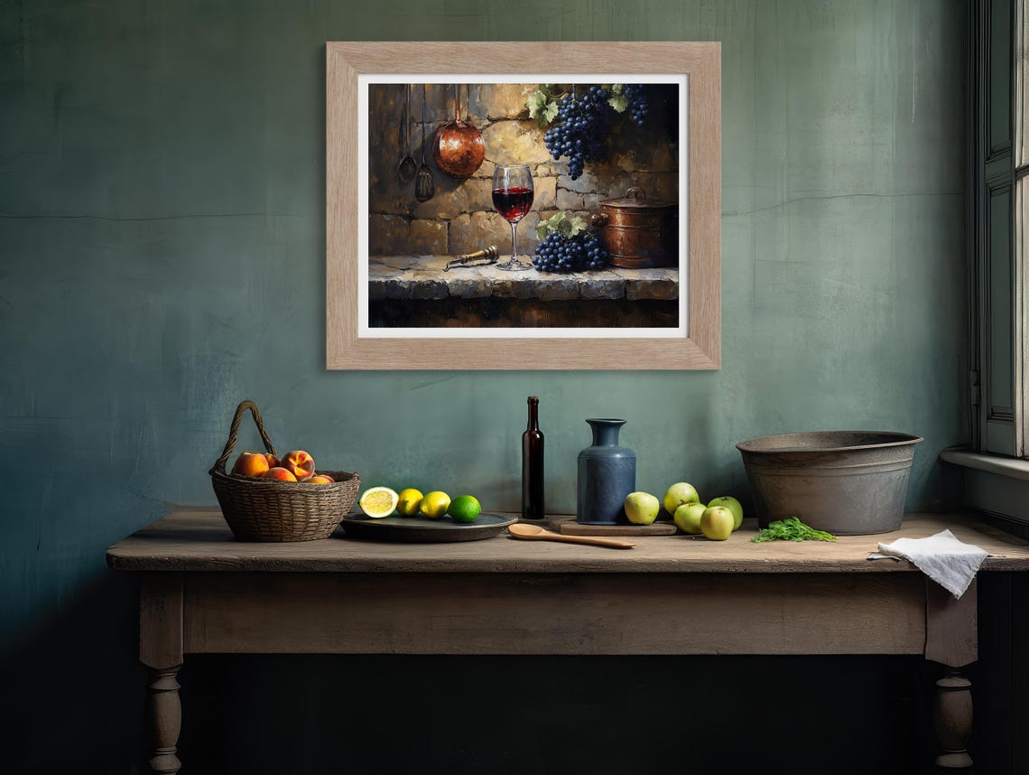 Red Wine Glass And Dark Grapes Copper Pots Rustic Kitchen Poster - Image 4