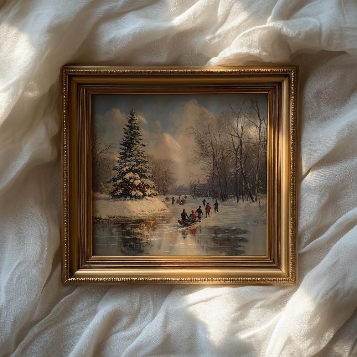 Winter Wonderland Friends Sledding Together on a Frozen Pond Poster - Image 2