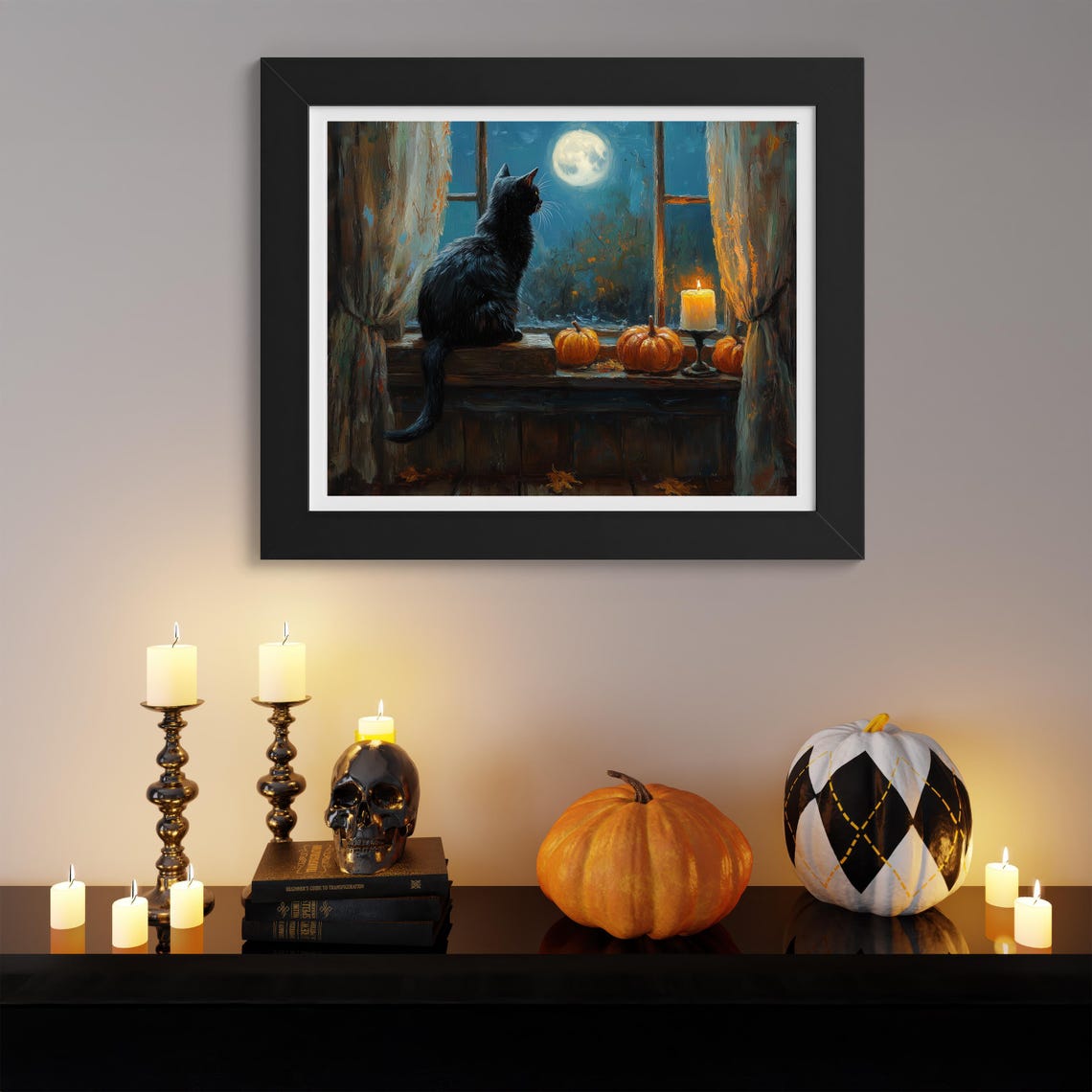 Black Cat On Windowsill Watching Full Moon Pumpkins Candle Poster - Image 3