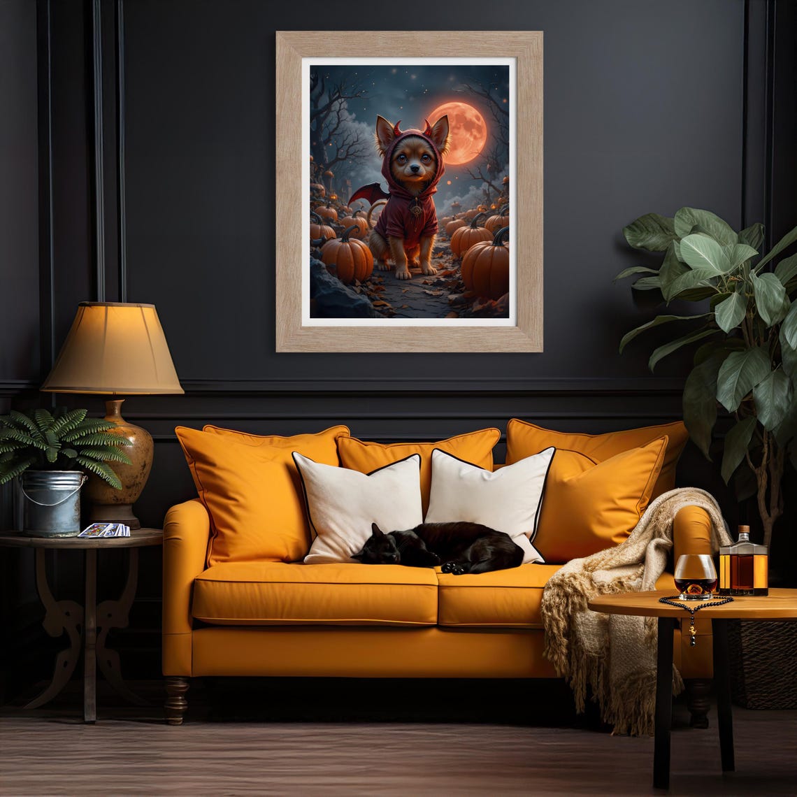 Cute Anime Dog in Pumpkin Patch Halloween Night Moonlit Poster - Image 2