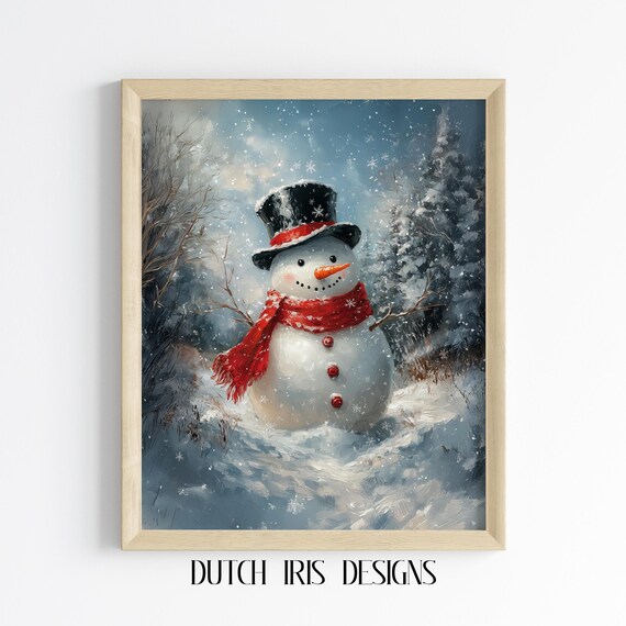Cheerful Snowman In Falling Snow Classic Christmas Winter Scene Poster