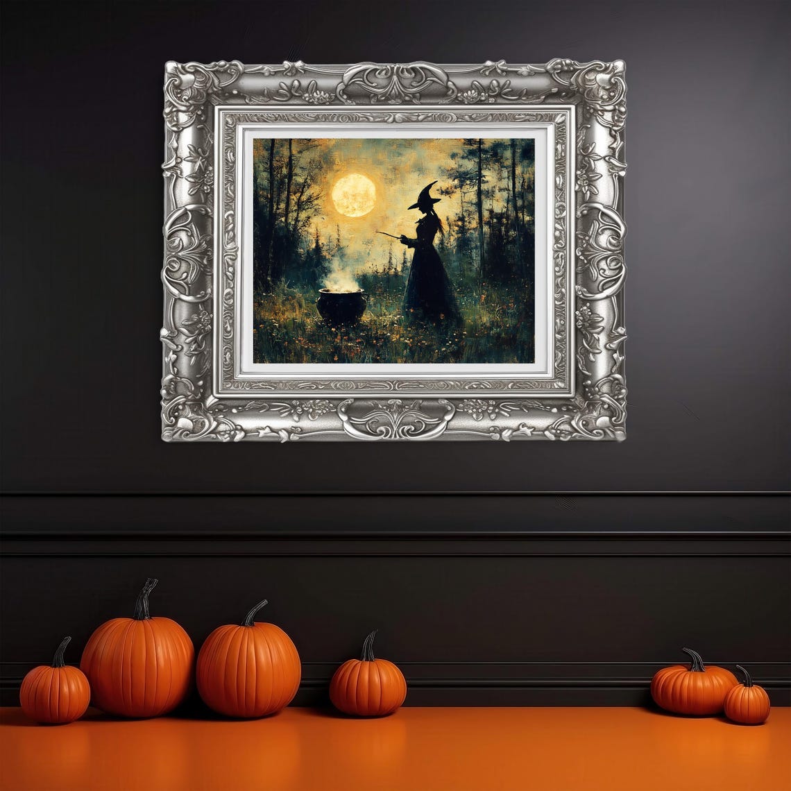 Witch Silhouette With Cauldron Under Full Moon Night Forest Art Poster - Image 3