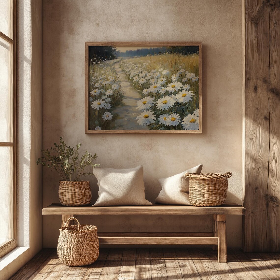 Sunlit Country Path Lined With White Daisies Pastoral Oil Art Poster - Image 4