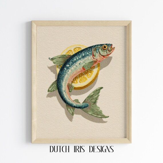 Vintage Fish Illustration With Lemon Kitchen Wall Art Rustic Coastal Decor Anchovy On Slice Print 683