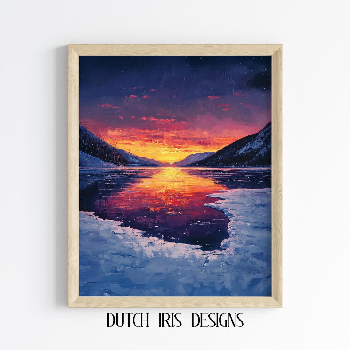Frozen Lake Sunset With Snowy Mountains Dramatic Winter Sky Poster