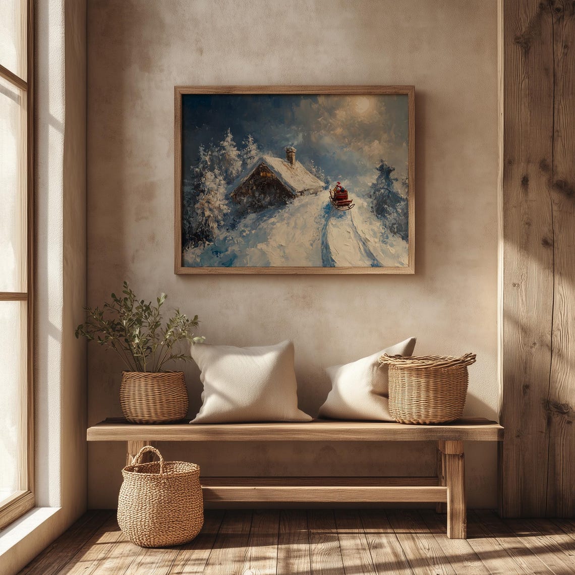 Santa Sleigh Landing on a Snowy Rooftop Cabin Under a Full Moon Poster - Image 4