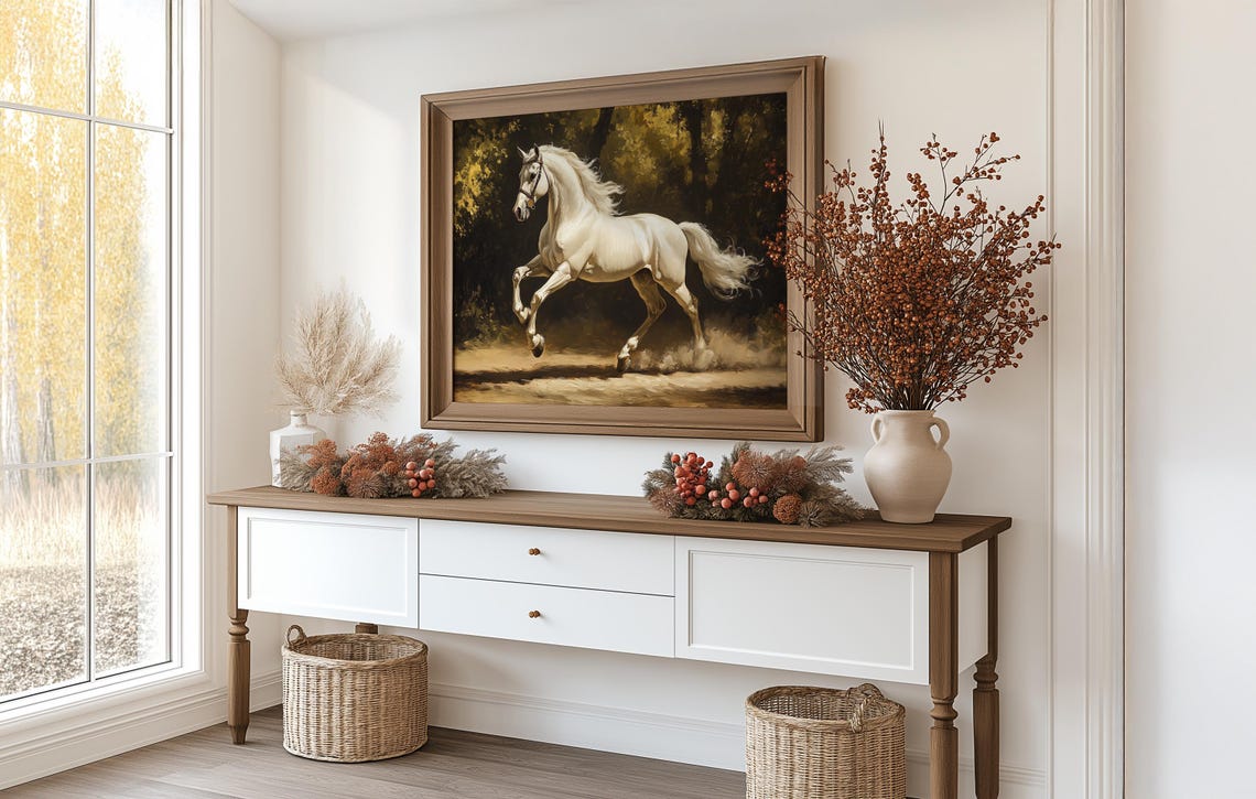 White Horse Galloping Through Dark Forest Elegant Equestrian Poster - Image 3