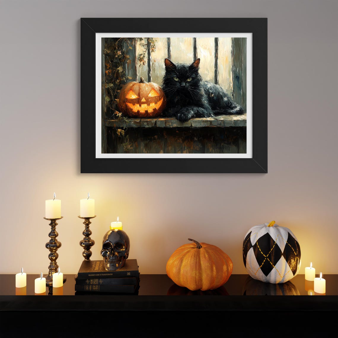 Black Cat Resting Beside Glowing Jack O Lantern Halloween Poster - Image 3