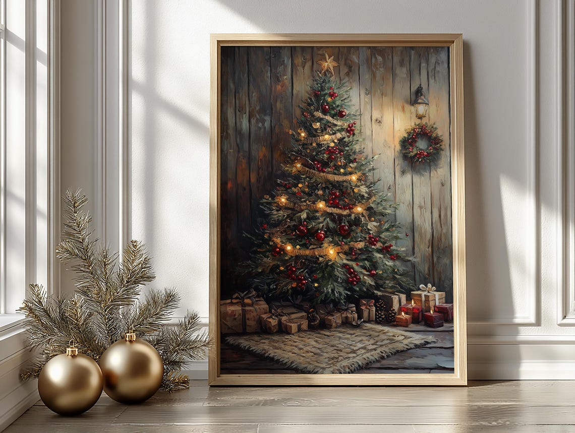 Rustic Christmas Tree Star Topper Vintage Holiday Painting Poster - Image 2