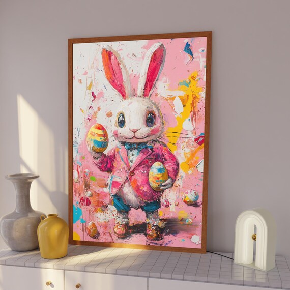 Dapper Bunny in Pink Blazer Holding Painted Easter Eggs Poster