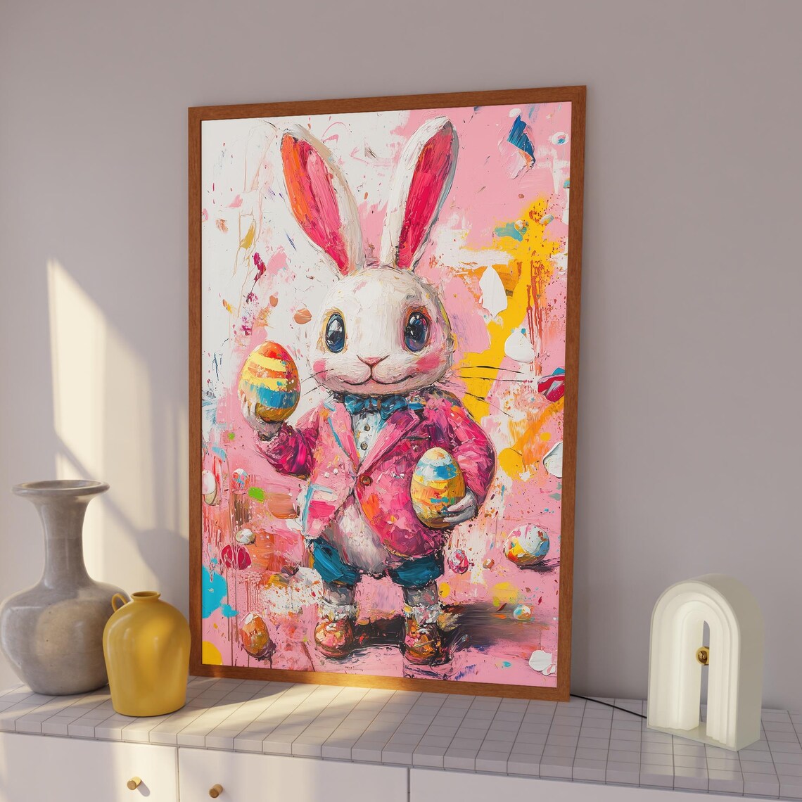 Dapper Bunny in Pink Blazer Holding Painted Easter Eggs Poster