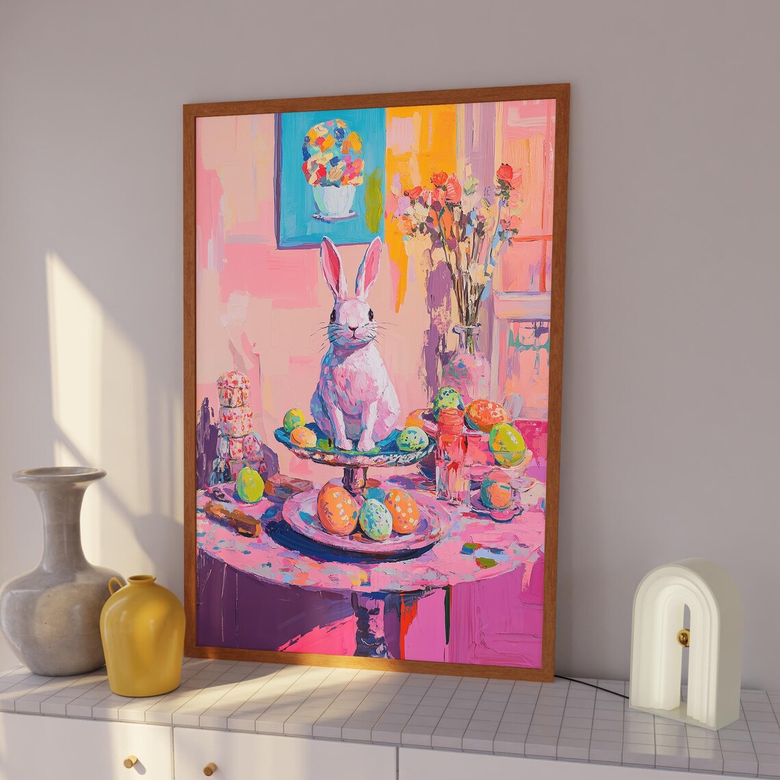 Easter Bunny on Cake Stand With Brightly Painted Easter Eggs Poster