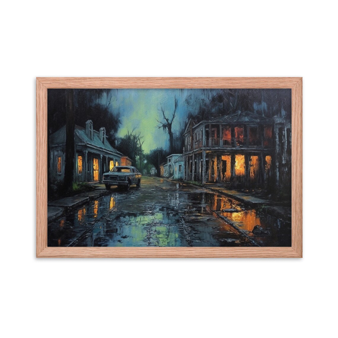Louisiana Rainy Night Street Old Car Glowing Windows Oil Painting Poster - Image 2