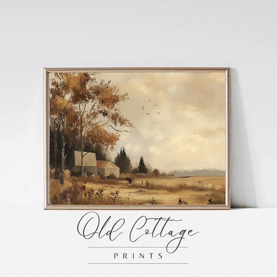 White Farmhouse Among Golden Trees Vintage Autumn Painting Print